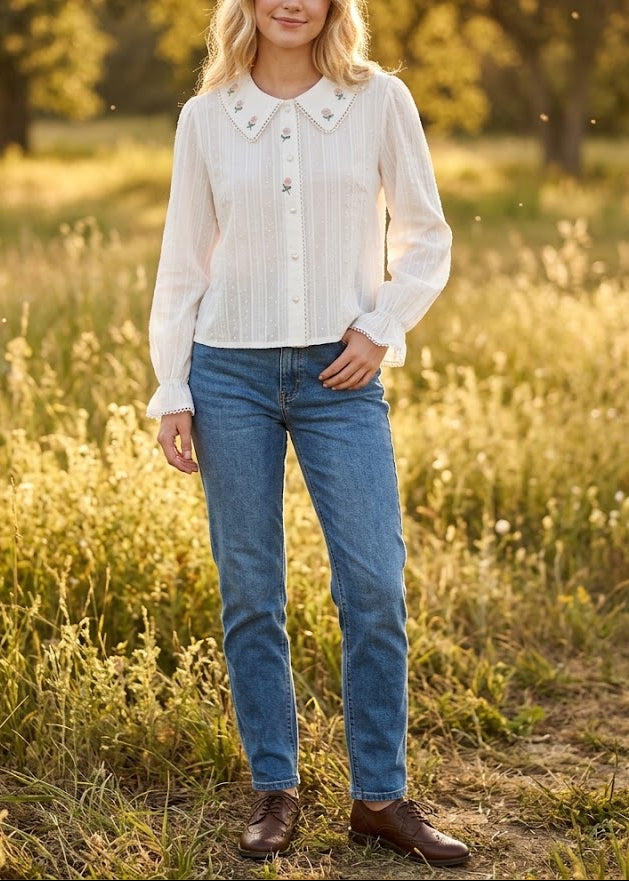 Pit a Pat Cream Rose Embroidered Cotton Blouse | Vintage Cottagecore Lace Top