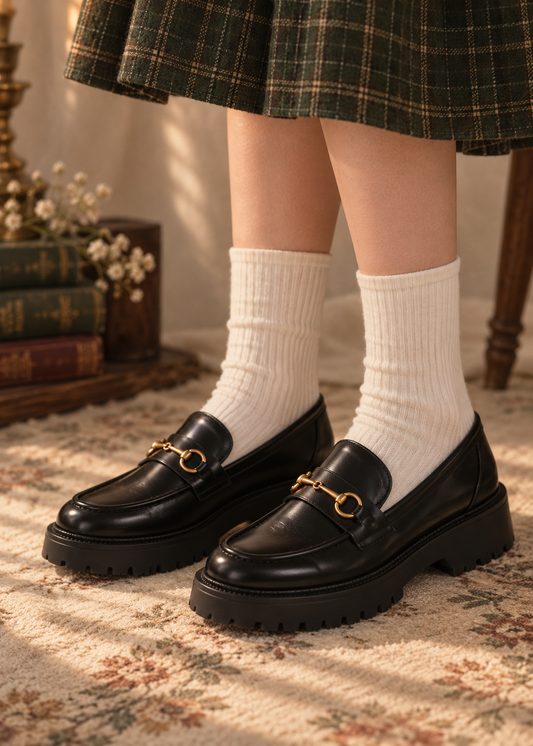 Pit a Pat Vintage Gold Horsebit Chunky Leather Loafers