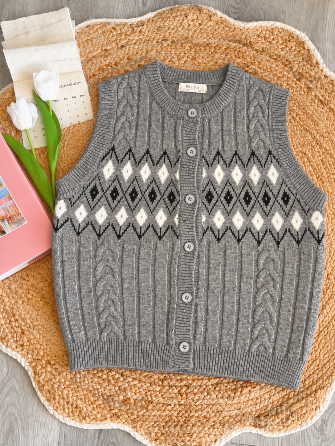 Pit a Pat Countryside Charm Argyle Knit Vest – Vintage Cable Knit Button-Up Sweater Vest