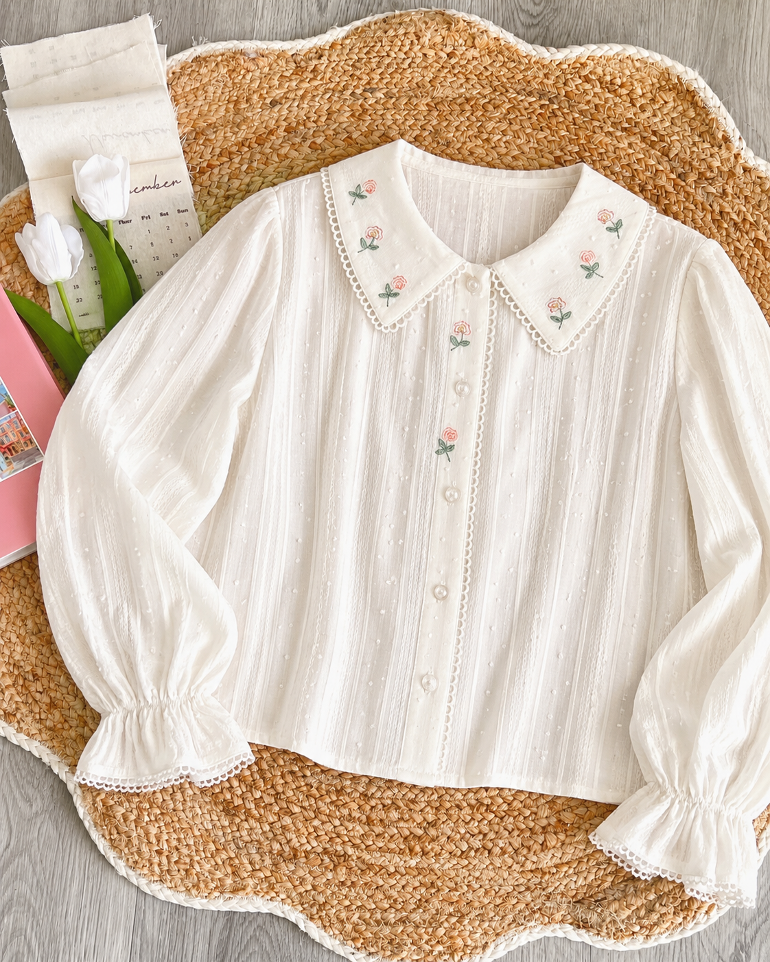 Pit a Pat Cream Rose Embroidered Cotton Blouse | Vintage Cottagecore Lace Top