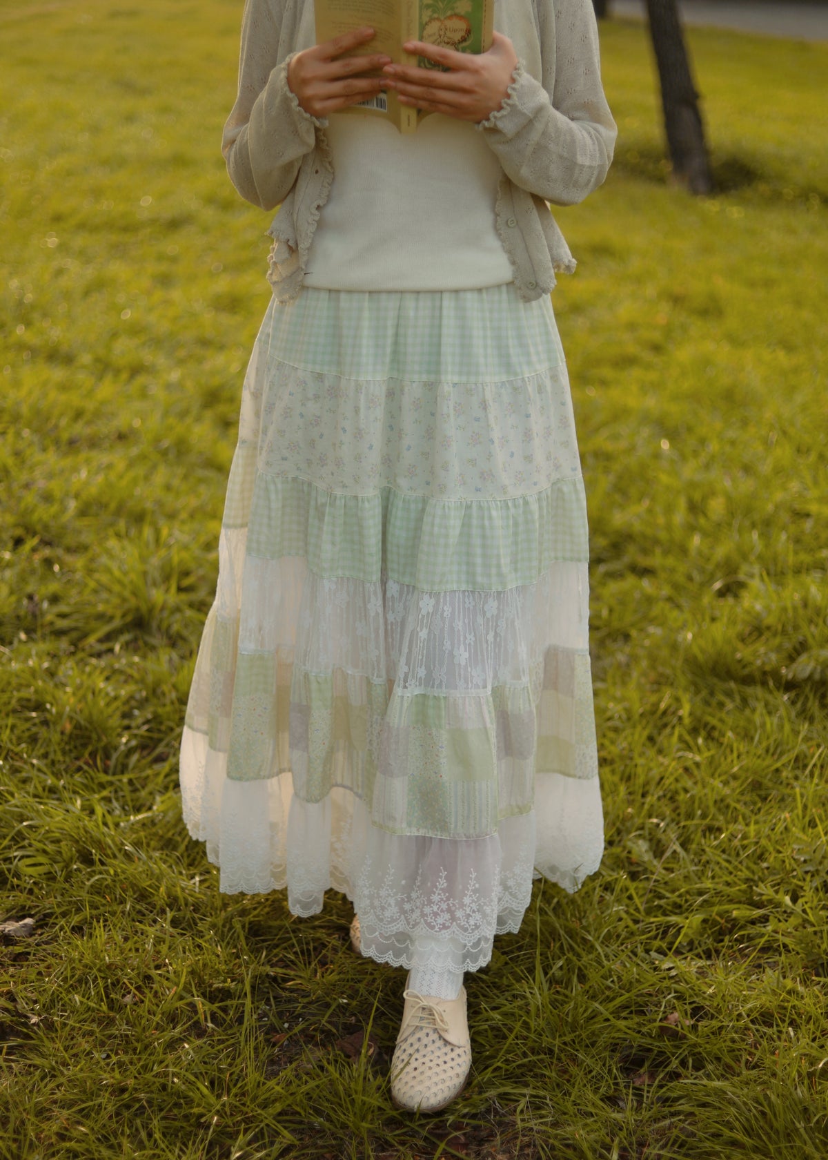 Green Gingham Patchwork Lace Maxi Skirt | Cottagecore Floral 