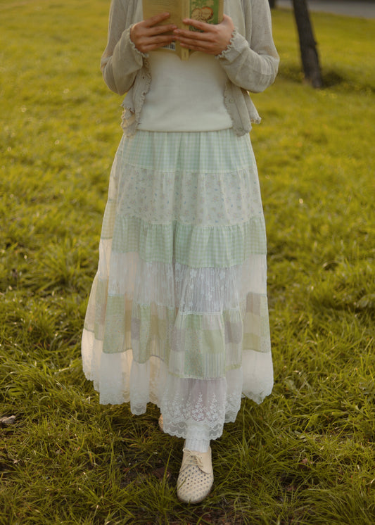 Green Gingham Patchwork Lace Maxi Skirt | Cottagecore Floral Tiered Skirt