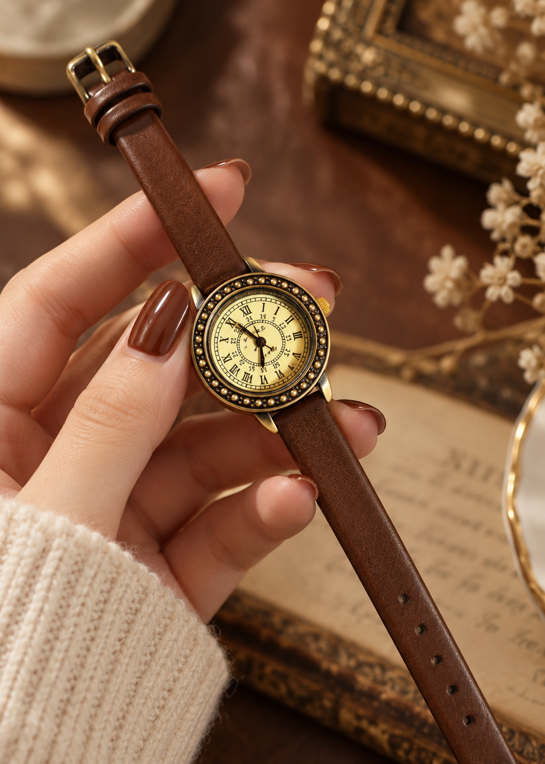 Pit a Pat Vintage Antique Gold Roman Numeral Watch – Brown Leather Strap Women's Watch