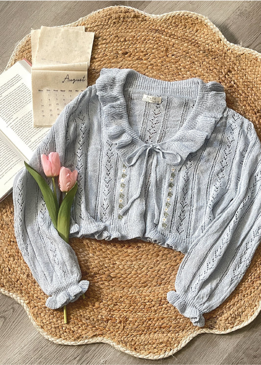 Pit a Pat Women’s Baby Blue Ruffle Embroidered Knit Cardigan
