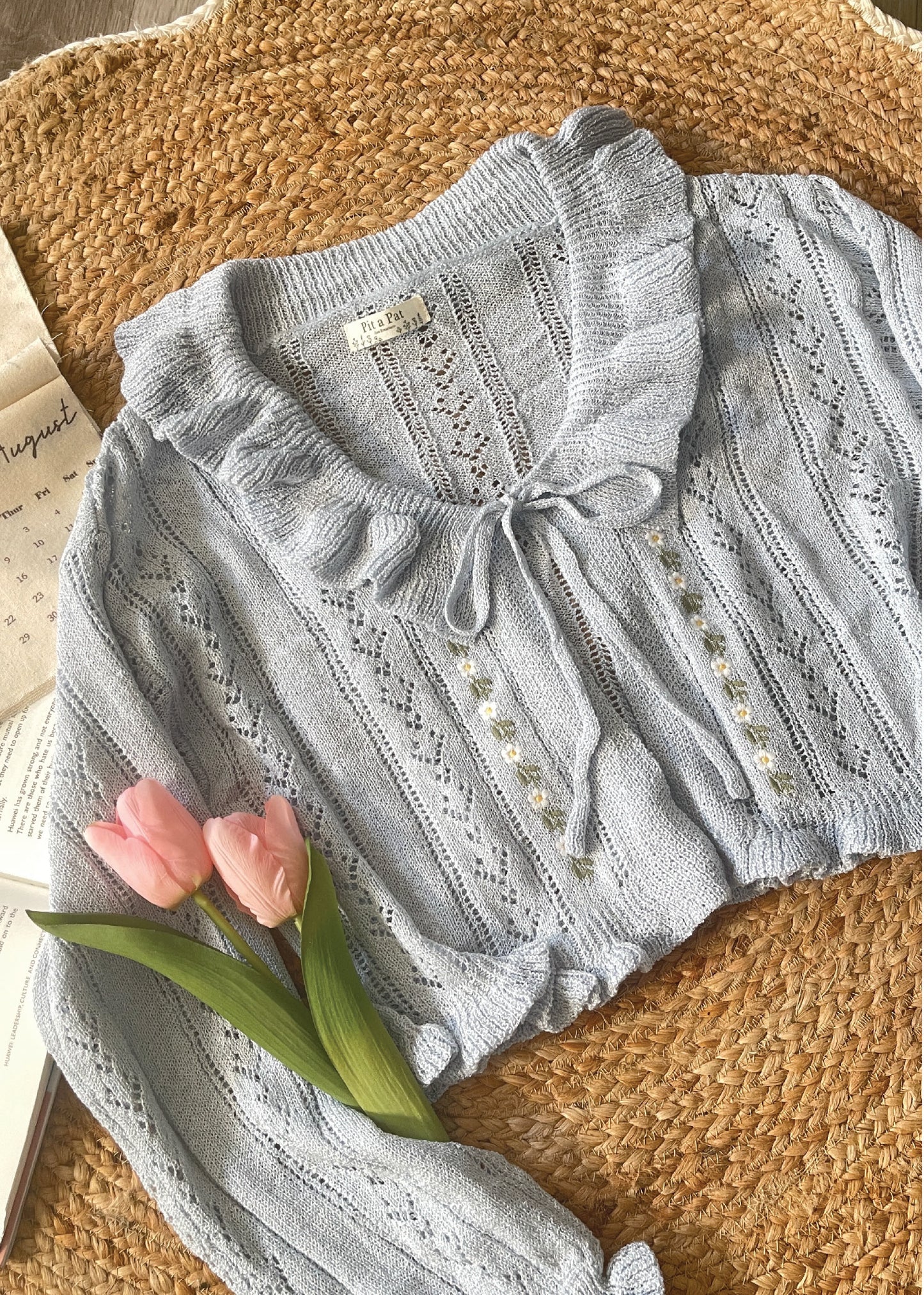 Pit a Pat Women’s Baby Blue Ruffle Embroidered Knit Cardigan