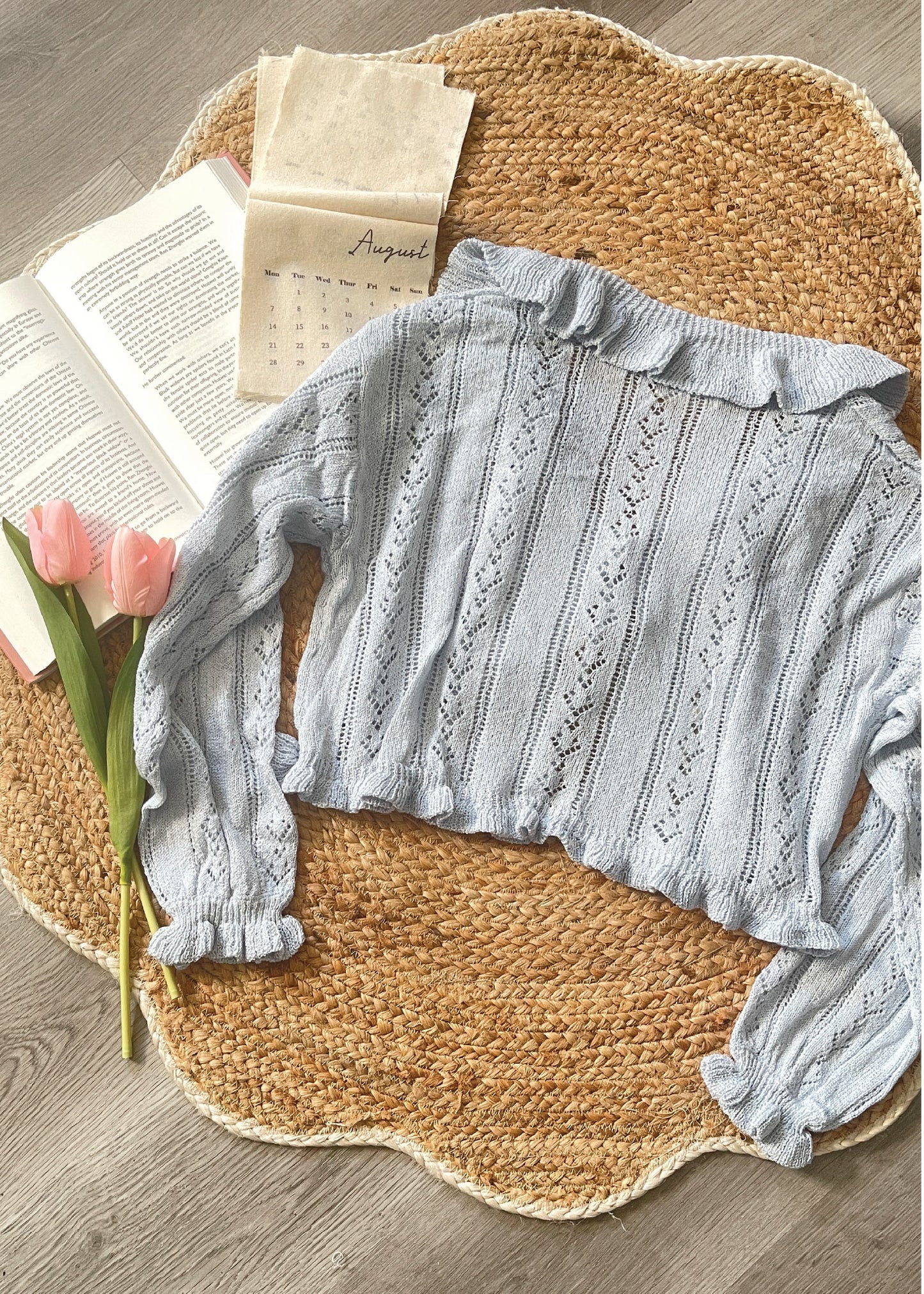 Pit a Pat Women’s Baby Blue Ruffle Embroidered Knit Cardigan