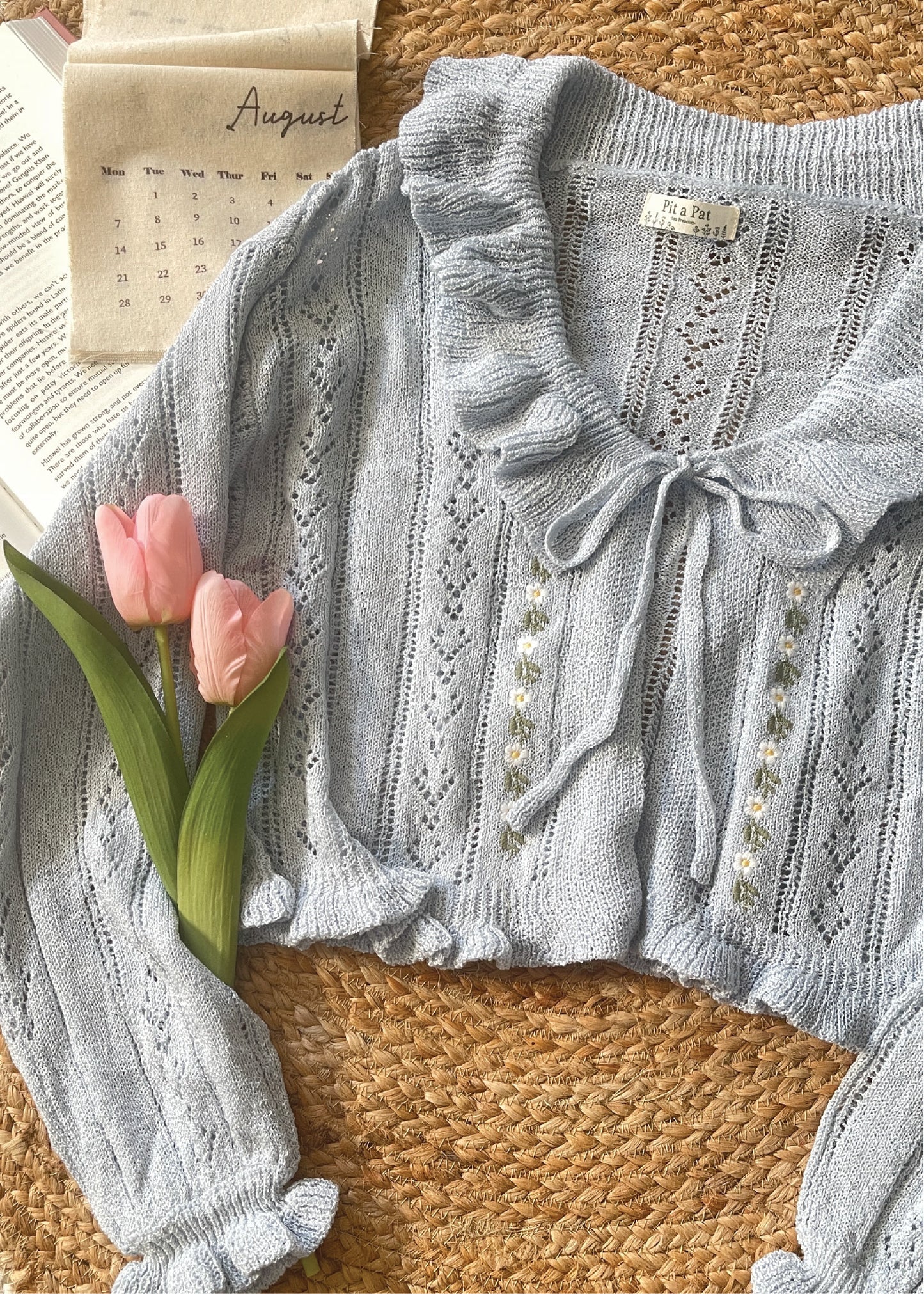 Pit a Pat Women’s Baby Blue Ruffle Embroidered Knit Cardigan