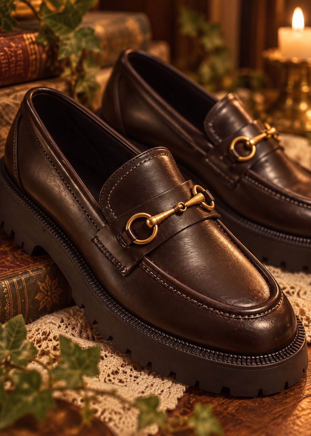 Pit a Pat Vintage Gold Horsebit Chunky Leather Loafers