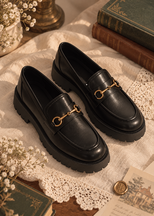 Pit a Pat Vintage Gold Horsebit Chunky Leather Loafers