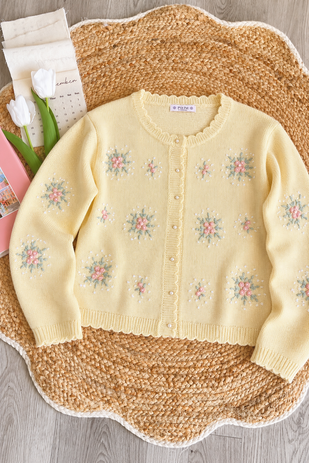 Pit a Pat Buttercream Hand-Crocheted Floral Cardigan – Cottagecore Wool Knit Sweater