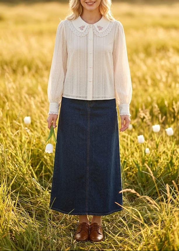 Pit a Pat Vintage Rose Embroidered Lace Collar Blouse – Ivory Cotton Peter Pan Collar Shirt