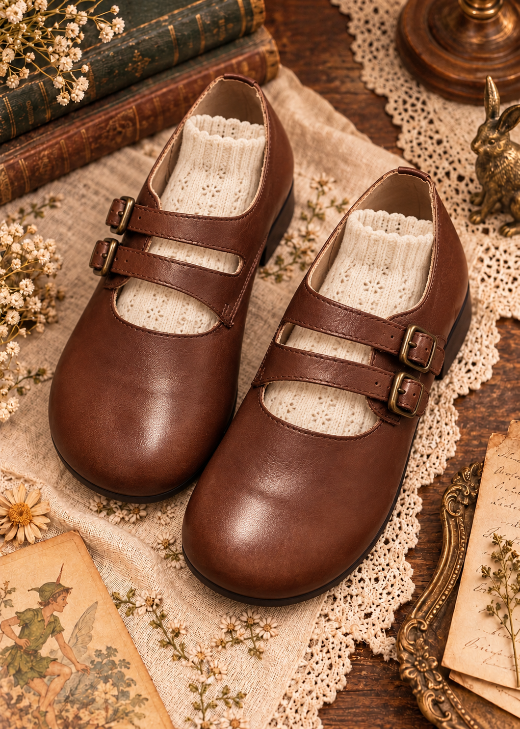 Pit a Pat Vintage Distressed Leather Double Buckle Mary Jane Shoes