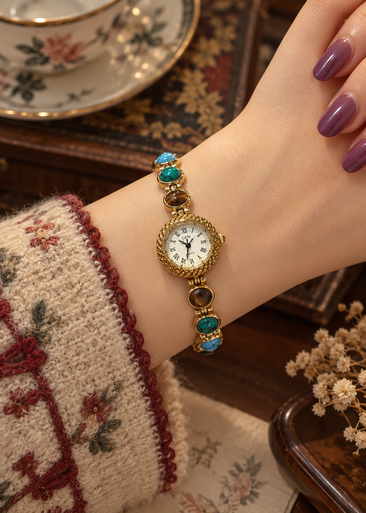 Pit a Pat Vintage Turquoise Stone Bracelet Watch – Gold Roman Numeral Women's Watch