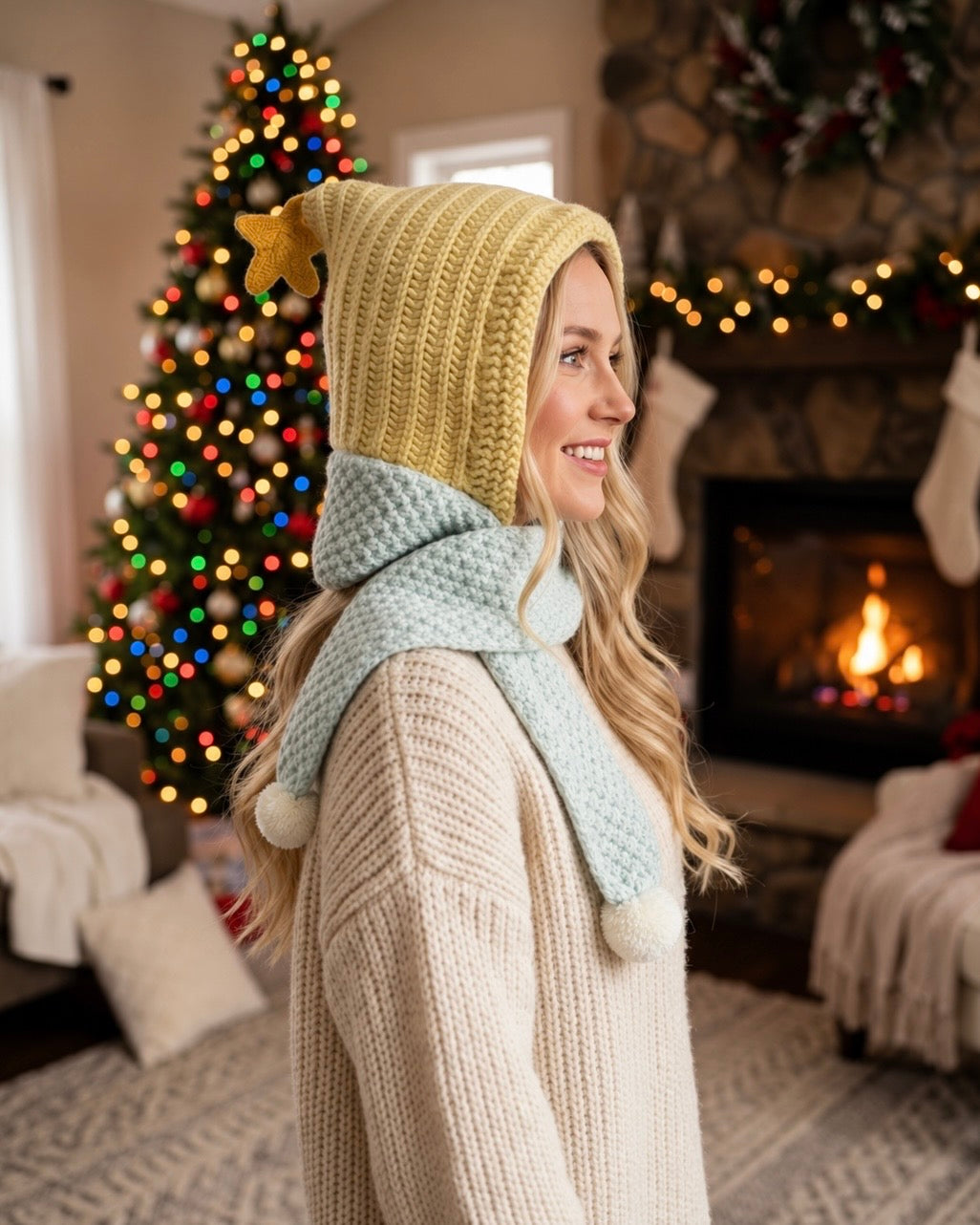 Pit a Pat Little Star Hooded Knit Scarf – Whimsical Fairycore Winter Hat Scarf