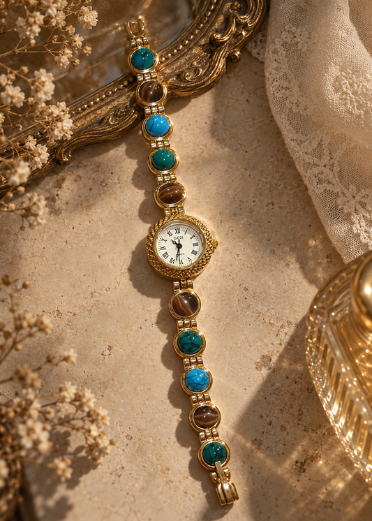 Pit a Pat Vintage Turquoise Stone Bracelet Watch – Gold Roman Numeral Women's Watch