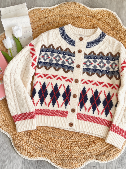 Pit a Pat Vintage Fair Isle Cable Knit Cardigan | Retro Nordic Button-Down Sweater