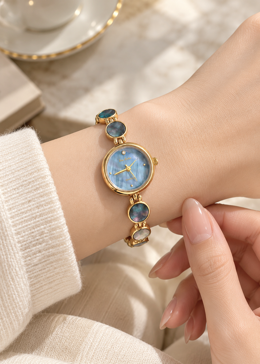 Pit a Pat Vintage Blue Mother of Pearl Watch – Gold Bracelet Women's Watch
