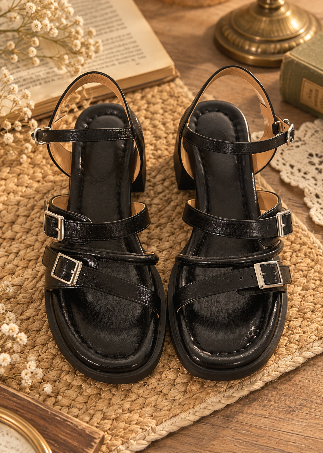 Pit a Pat Vintage Strappy Platform Sandals | Retro Buckle Block Heels