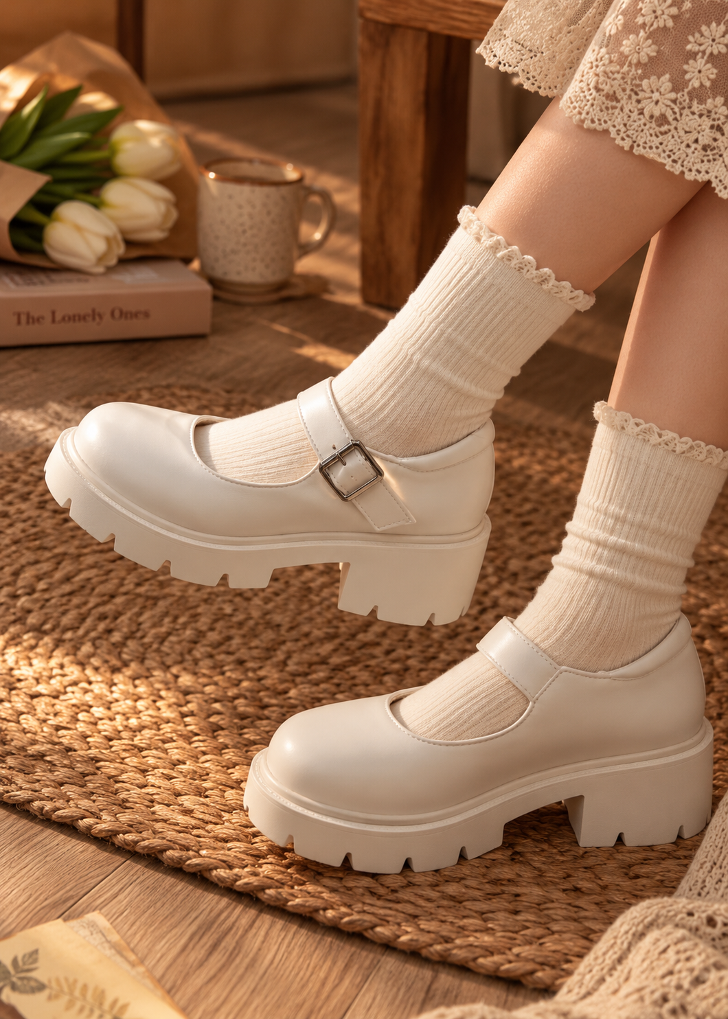 Pit a Pat Vintage Cream Chunky Platform Mary Jane Shoes