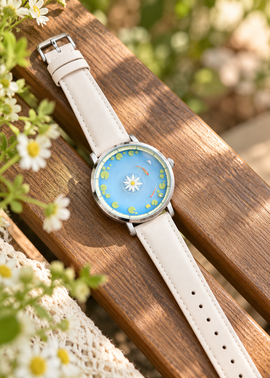 Pit a Pat Daisy Pond Watch – Blue Floral Dial White Strap Cottagecore Watch