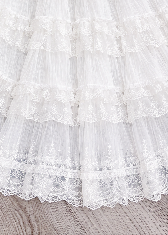 Pit a Pat White Tiered Lace Ruffle Maxi Skirt | Romantic Fairycore Tulle Skirt