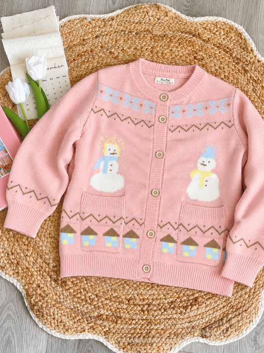 Winter Wonderland Snowman Knit Cardigan – Pink Cottagecore Christmas Sweater