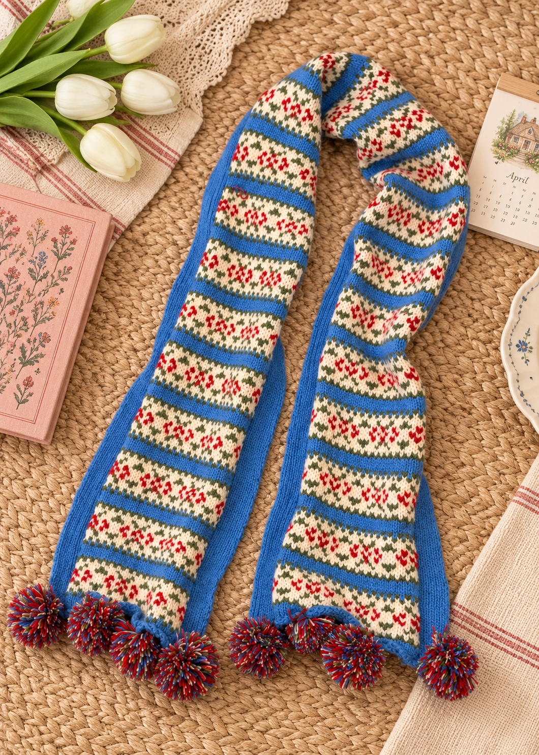 Pit a Pat Winter Wonderland Fair Isle Knit Scarf – Vintage Pom-Pom Winter Scarf