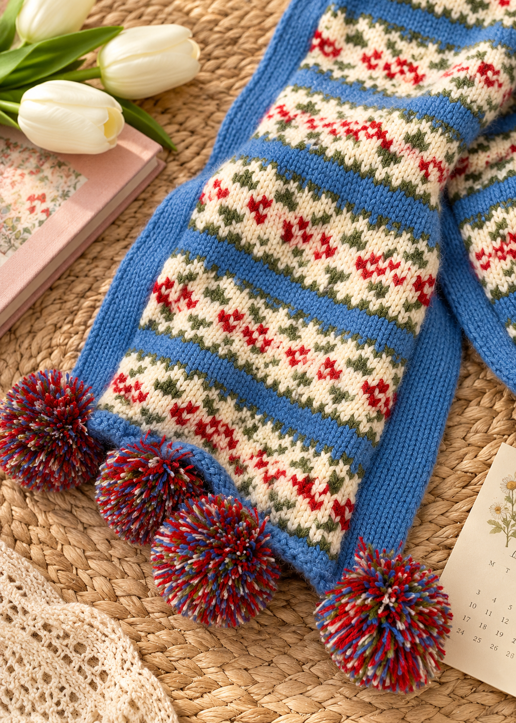 Pit a Pat Winter Wonderland Fair Isle Knit Scarf – Vintage Pom-Pom Winter Scarf