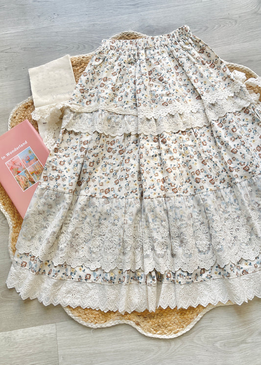 Cottagecore Floral Maxi Skirt with Lace Details and Lace Bows – Vintage-Inspired Allover Flower Print