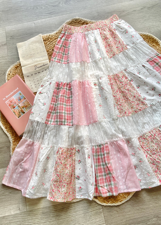 Cottagecore Patchwork Maxi Skirt – Elastic Waist, Mixed Fabric, Vintage-Inspired