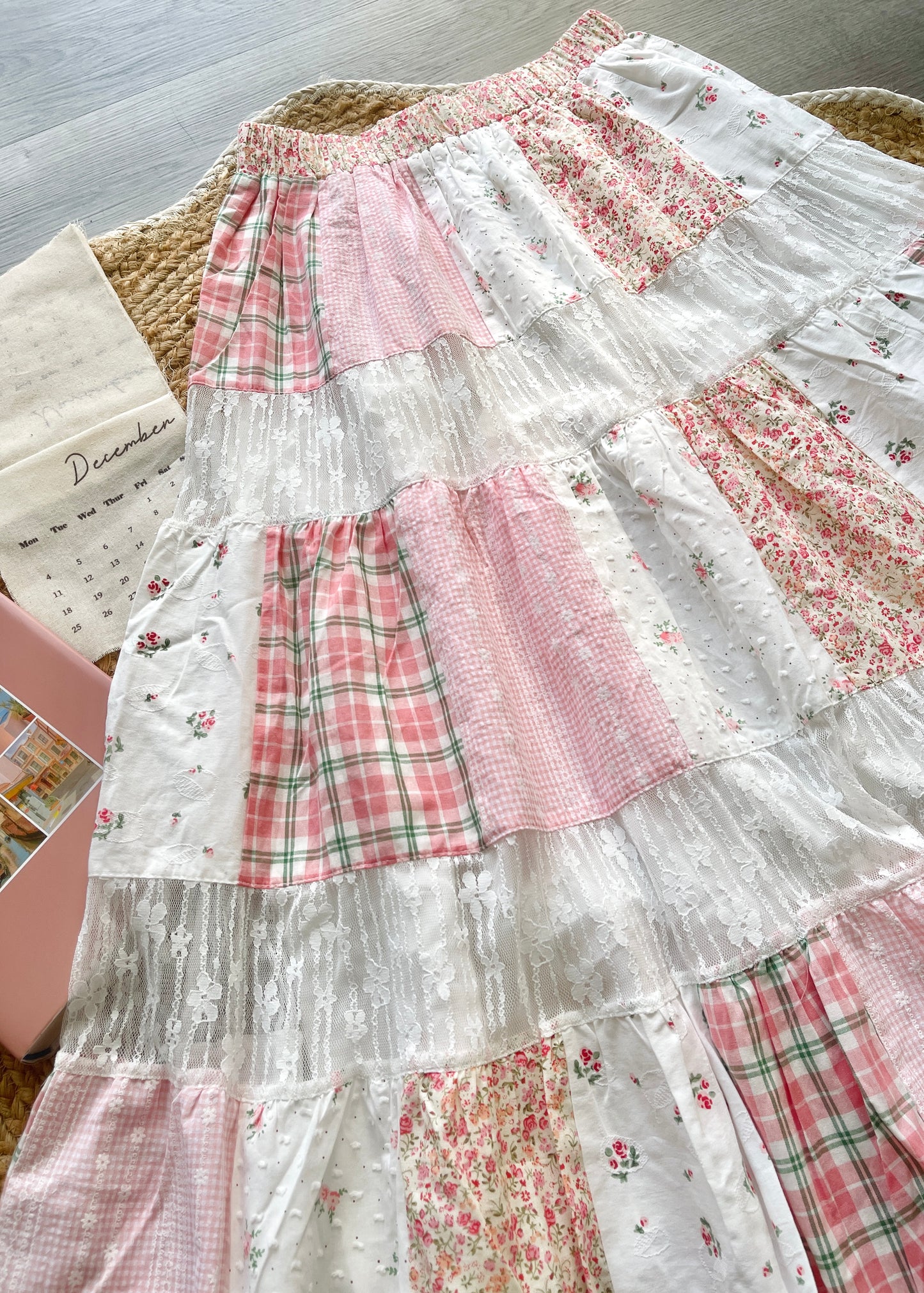 Cottagecore Patchwork Maxi Skirt – Elastic Waist, Mixed Fabric, Vintage-Inspired