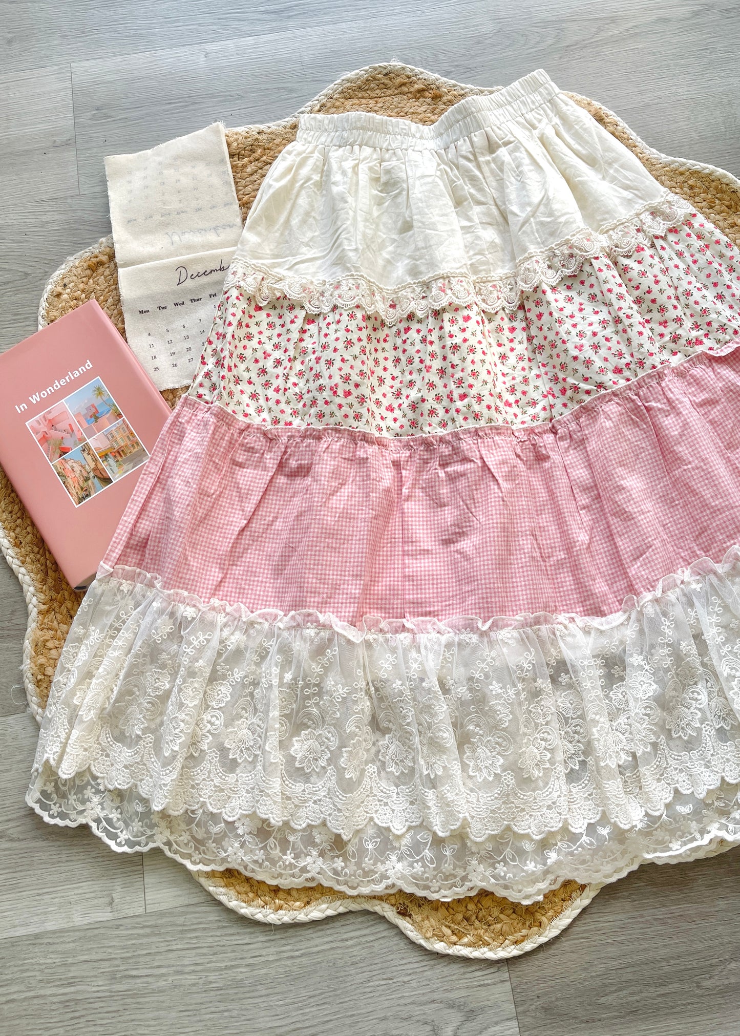 Cottagecore Tiered Checked Floral Maxi Skirt – Lace Scallop Hem, Cream &amp; Pink