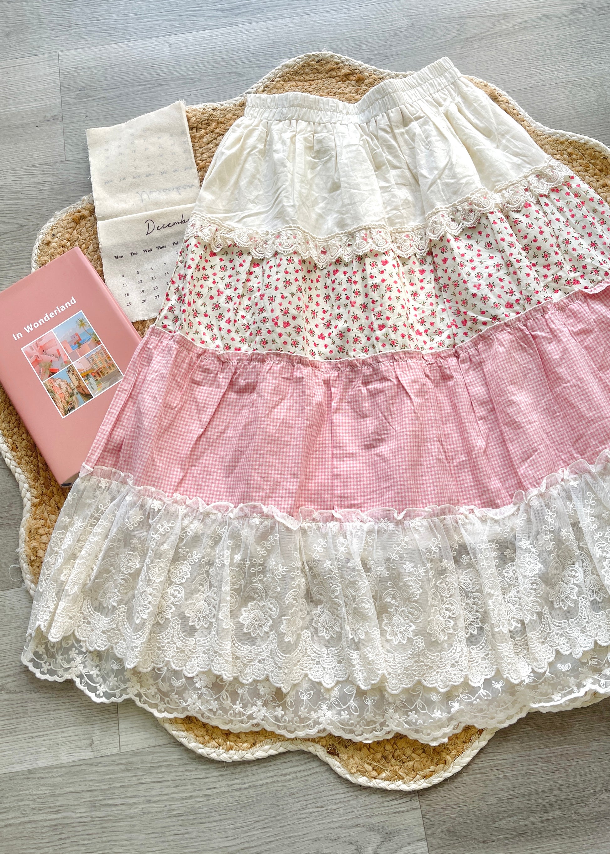 Cottagecore Tiered Checked Floral Maxi Skirt – Lace Scallop Hem, Cream &amp; Pink