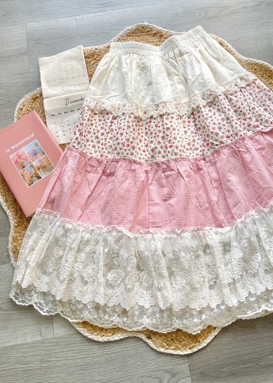 Cottagecore Tiered Checked Floral Maxi Skirt – Lace Scallop Hem, Cream &amp; Pink