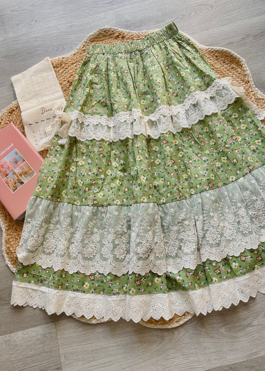 Cottagecore Floral Maxi Skirt with Lace Details and Lace Bows – Vintage-Inspired Allover Flower Print