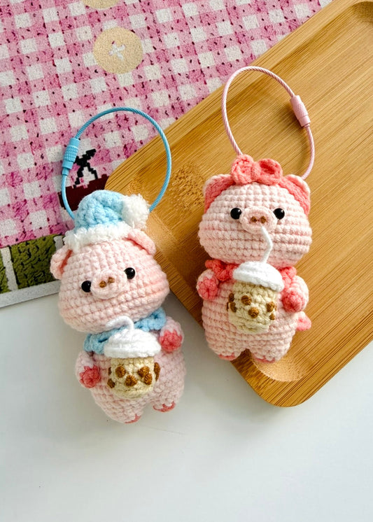 Handmade Crochet Boba Piggy Keychain – Cute Mini Plush Key Ring Gift