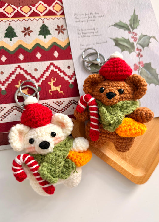 Handmade Crochet Christmas Bear Keychain – Christmas Plush Key Ring Gift
