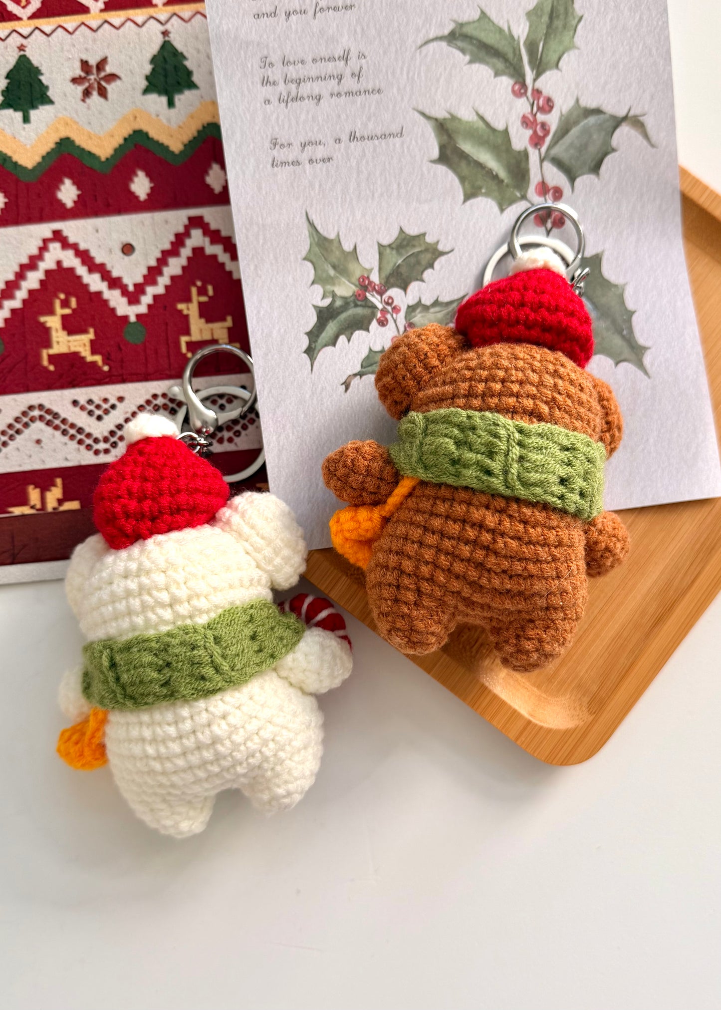 Handmade Crochet Christmas Bear Keychain – Christmas Plush Key Ring Gift