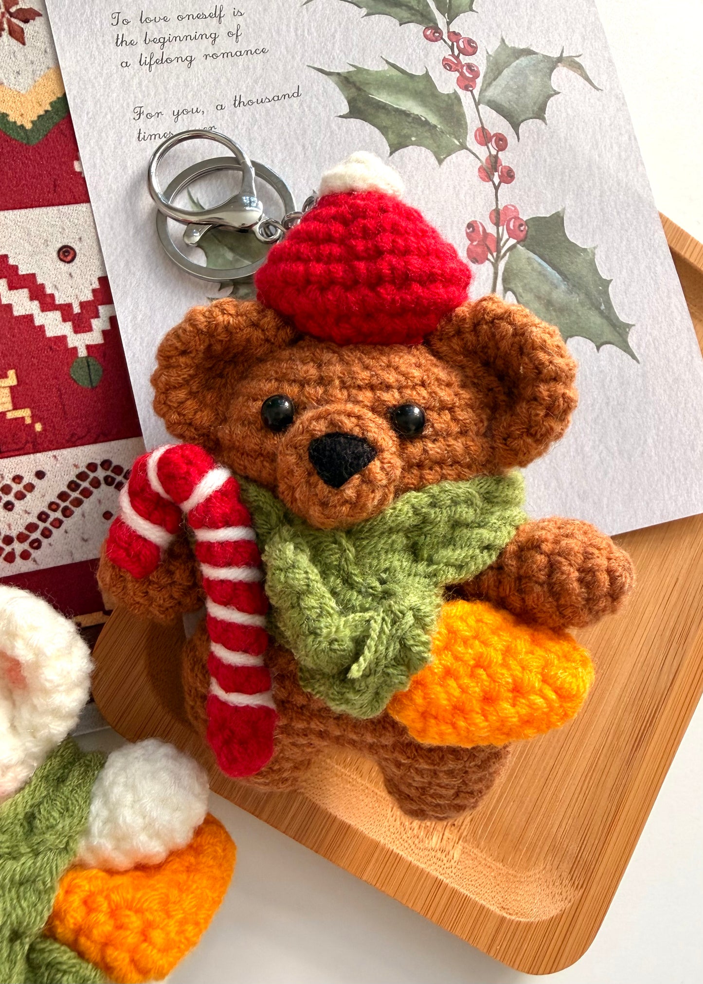 Handmade Crochet Christmas Bear Keychain – Christmas Plush Key Ring Gift