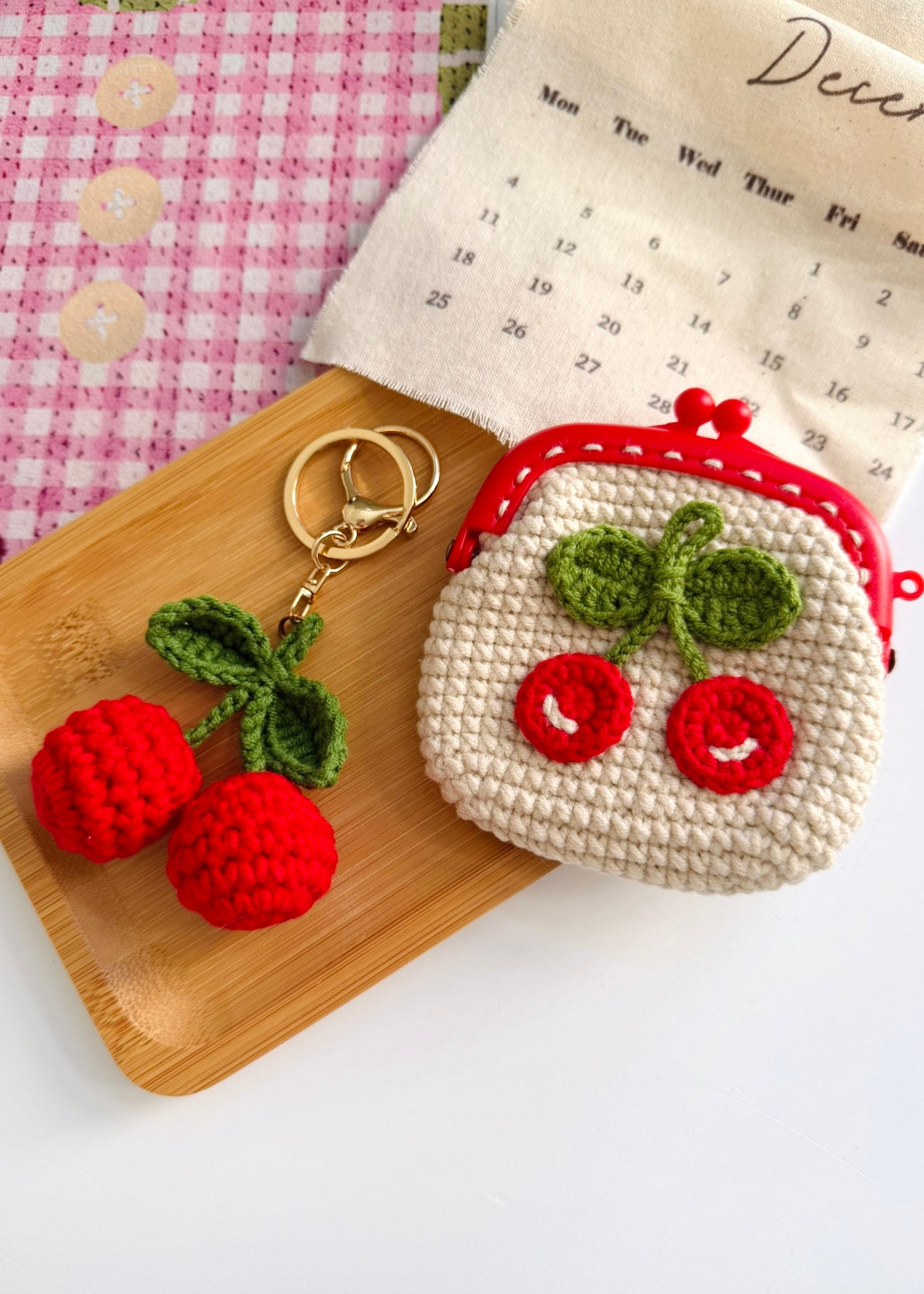 Handmade Crochet Cherry Keychain – Cute Mini Plush Key Ring Gift