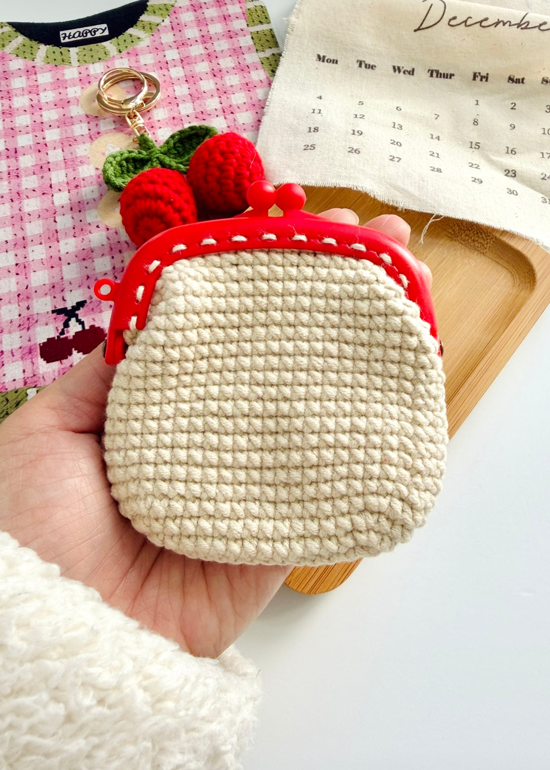 Handmade Crochet Cherry Purse – Mini Coin & Key Pouch, Cute AirPod Case