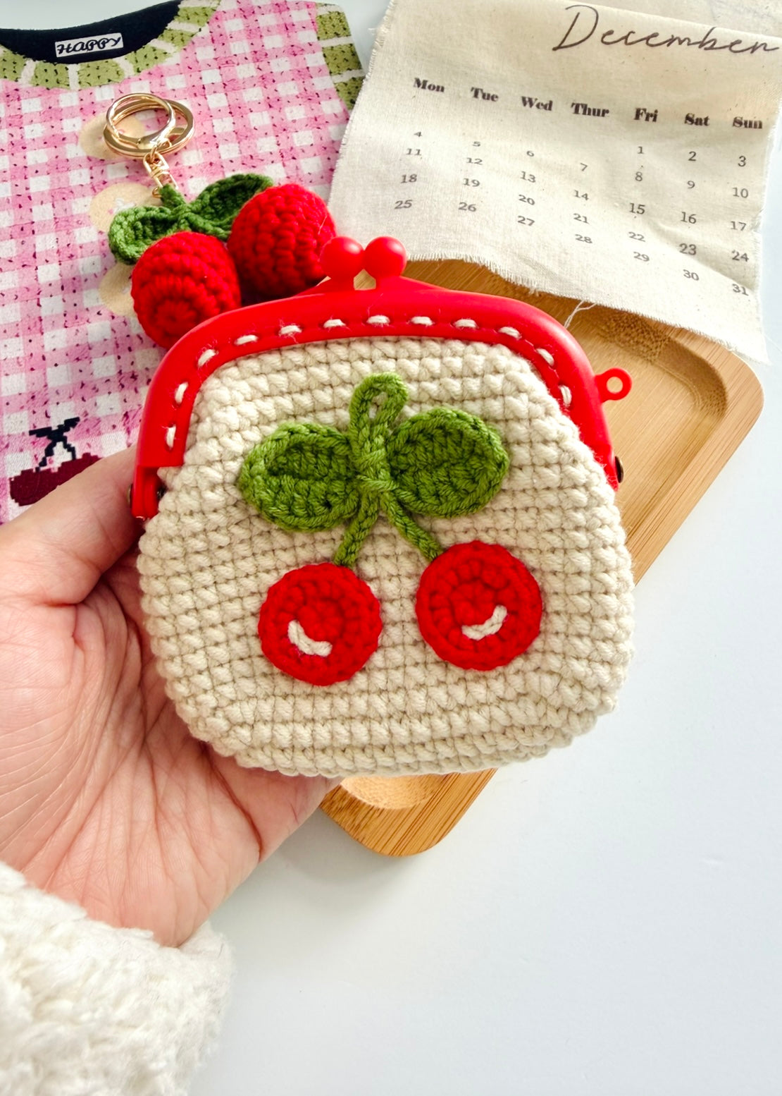 Handmade Crochet Cherry Purse – Mini Coin & Key Pouch, Cute AirPod Case