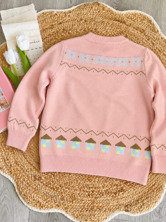 Winter Wonderland Snowman Knit Cardigan – Pink Cottagecore Christmas Sweater