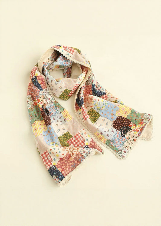Cottagecore Patchwork Print Scarf with Lace Trim