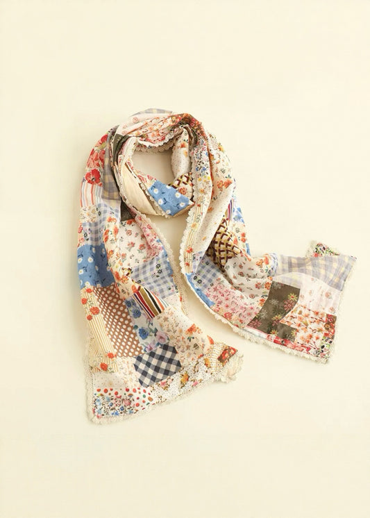 Cottagecore Patchwork Print Scarf with Lace Trim