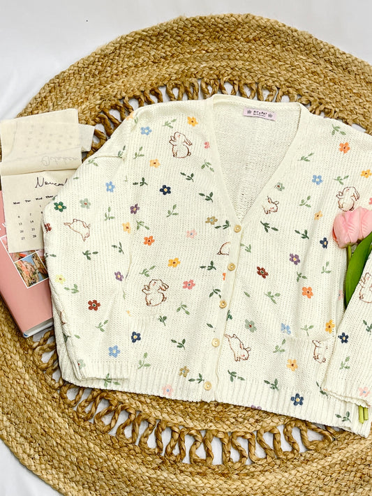 Floral Bunny Cable Knit Cardigan