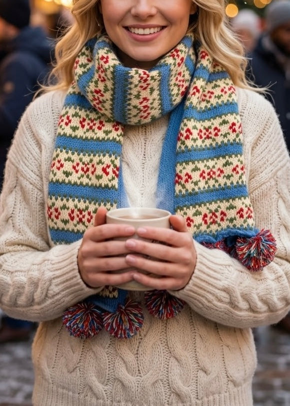 Pit a Pat Winter Wonderland Fair Isle Knit Scarf – Vintage Pom-Pom Winter Scarf