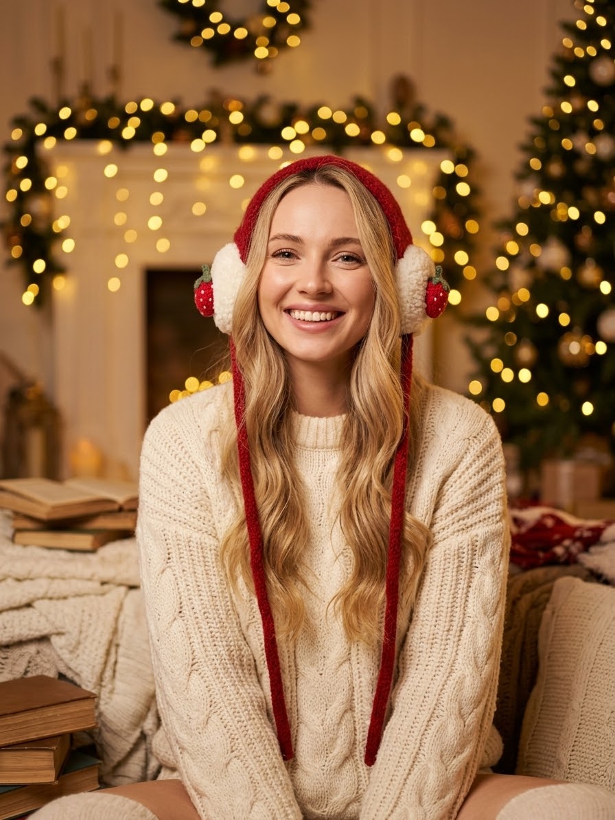 Pit a Pat Strawberry Sweetheart Hand-Knitted Earmuffs – Cozy Cottagecore Winter Ear Warmers