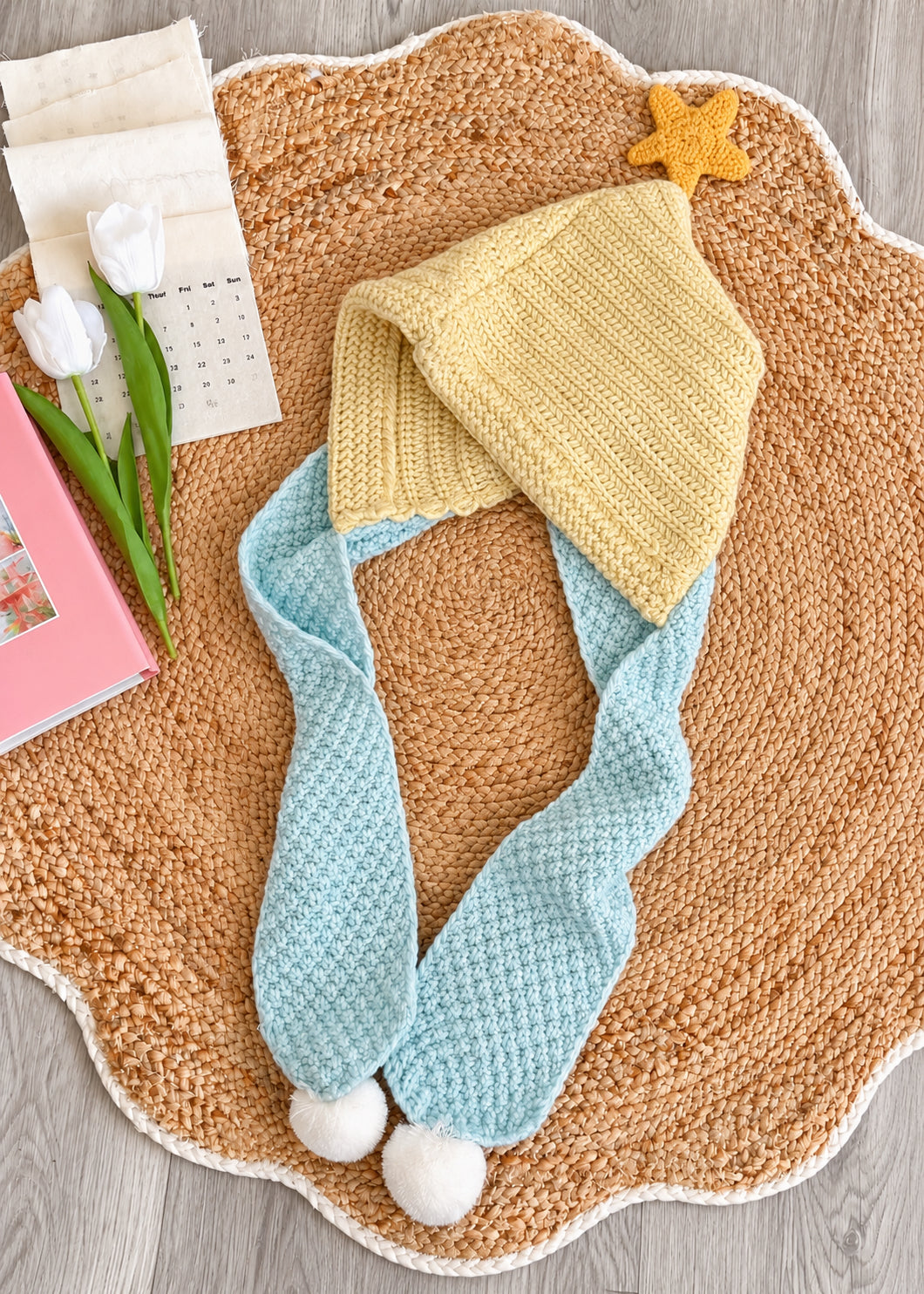Pit a Pat Little Star Hooded Knit Scarf – Whimsical Fairycore Winter Hat Scarf