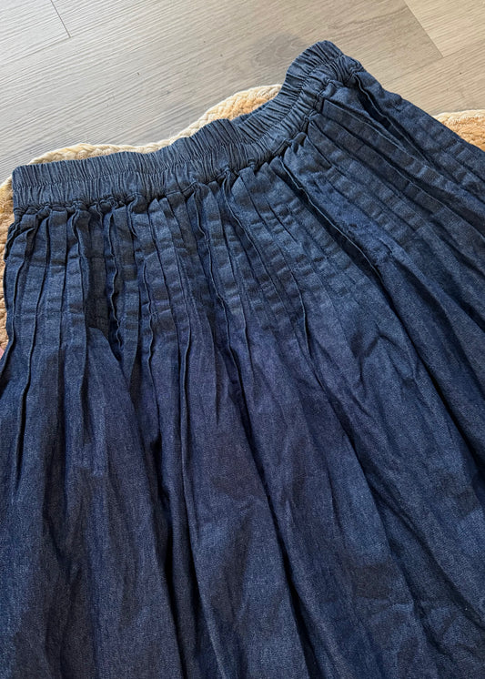 Pleated Waist Denim Maxi Skirt